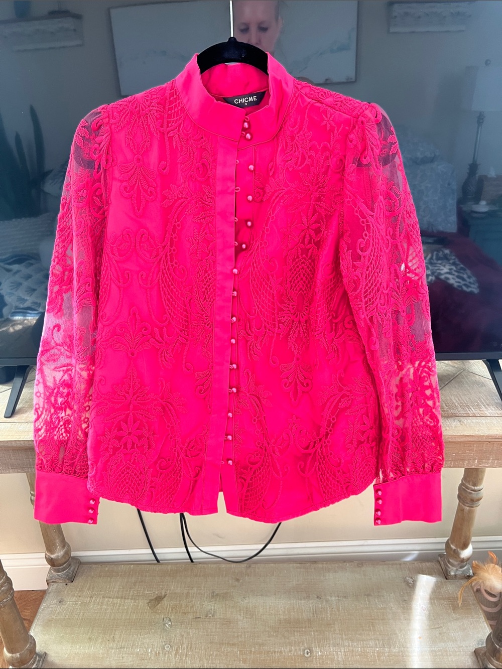 Chicme  Fuchsia Lace Button-Front Blouse